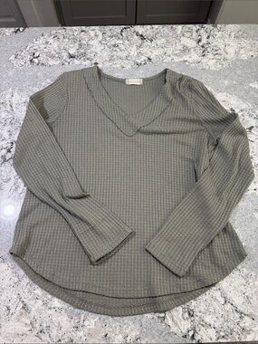 Altar'd State Olive Green Waffle V-Neck Long Sleeve Top